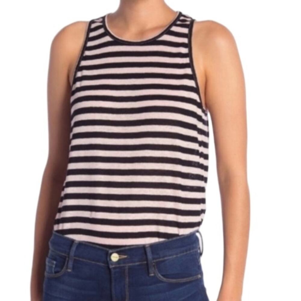Frame Denim Army Striped Linen Tank Top in Black and Pink Size Large